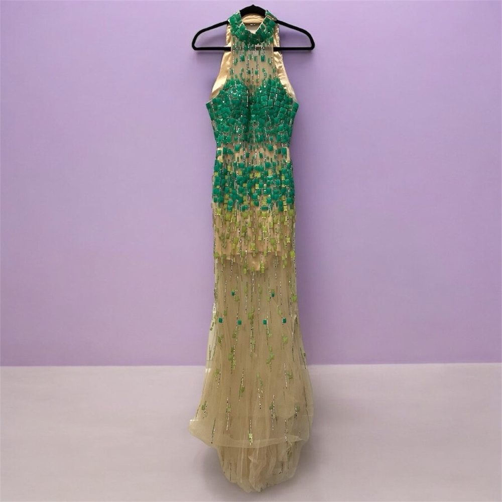 Jeweled Satin Mesh Lined Dress